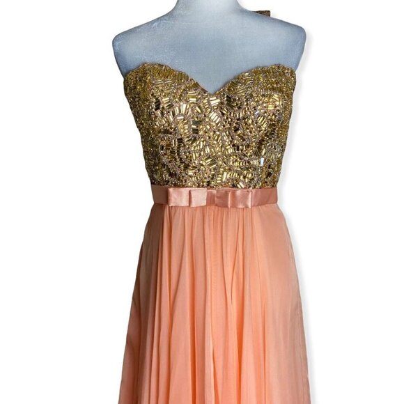 La Femme $480 NWT 19282 Apricot Beaded Chiffon Strapless Formal Gown Sz 14 - Picture 2 of 16